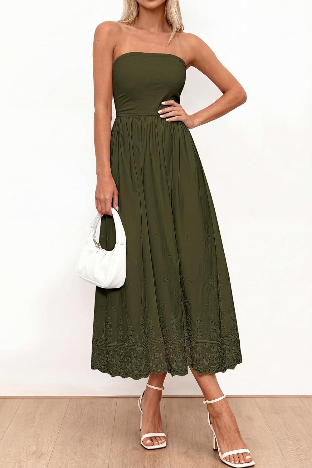 imagePRETTYGARDEN Womens Summer Dresses 2026 Sexy Sleeveless Tube Top Long Dress Eyelet Cotton Maxi Beach Sundress PocketsArmy Green