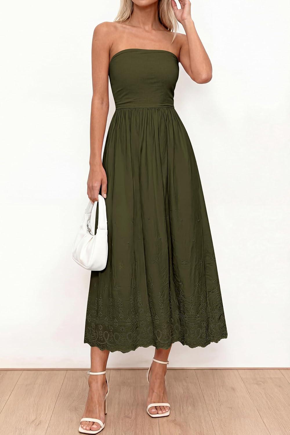 imagePRETTYGARDEN Womens Summer Dresses 2026 Sexy Sleeveless Tube Top Long Dress Eyelet Cotton Maxi Beach Sundress PocketsArmy Green