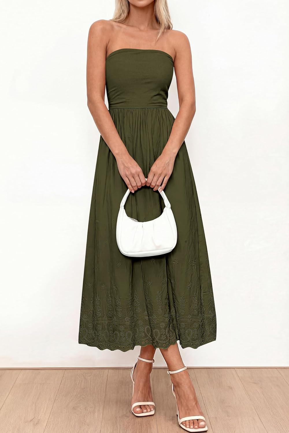 imagePRETTYGARDEN Womens Summer Dresses 2026 Sexy Sleeveless Tube Top Long Dress Eyelet Cotton Maxi Beach Sundress PocketsArmy Green