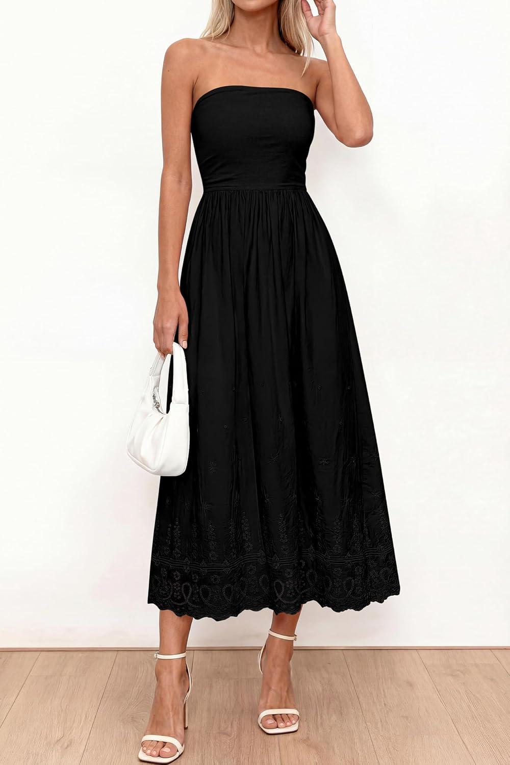 imagePRETTYGARDEN Womens Summer Dresses 2026 Sexy Sleeveless Tube Top Long Dress Eyelet Cotton Maxi Beach Sundress PocketsBlack