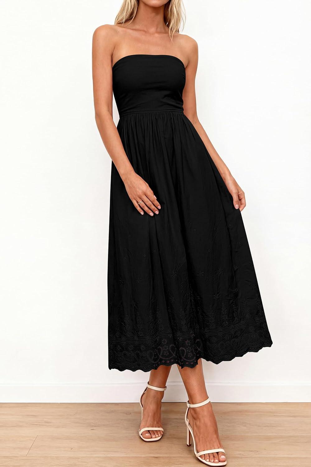 imagePRETTYGARDEN Womens Summer Dresses 2026 Sexy Sleeveless Tube Top Long Dress Eyelet Cotton Maxi Beach Sundress PocketsBlack