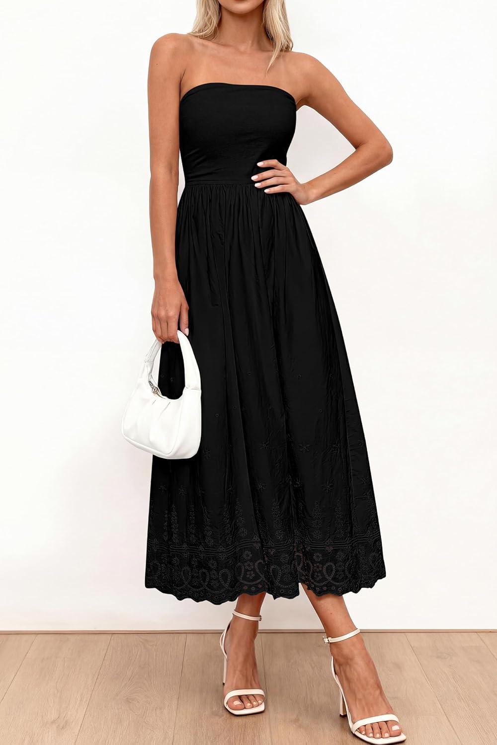 imagePRETTYGARDEN Womens Summer Dresses 2026 Sexy Sleeveless Tube Top Long Dress Eyelet Cotton Maxi Beach Sundress PocketsBlack
