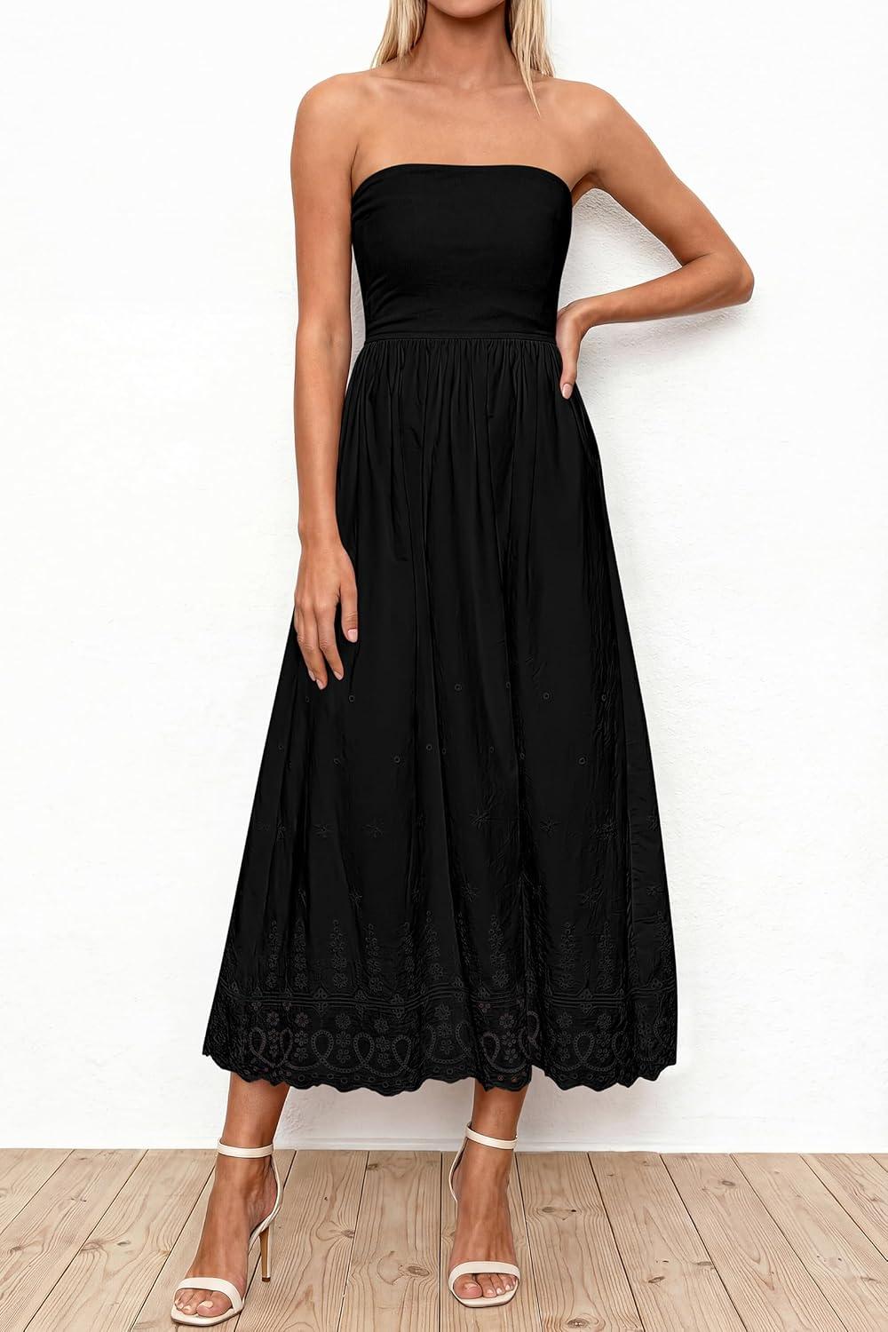 imagePRETTYGARDEN Womens Summer Dresses 2026 Sexy Sleeveless Tube Top Long Dress Eyelet Cotton Maxi Beach Sundress PocketsBlack