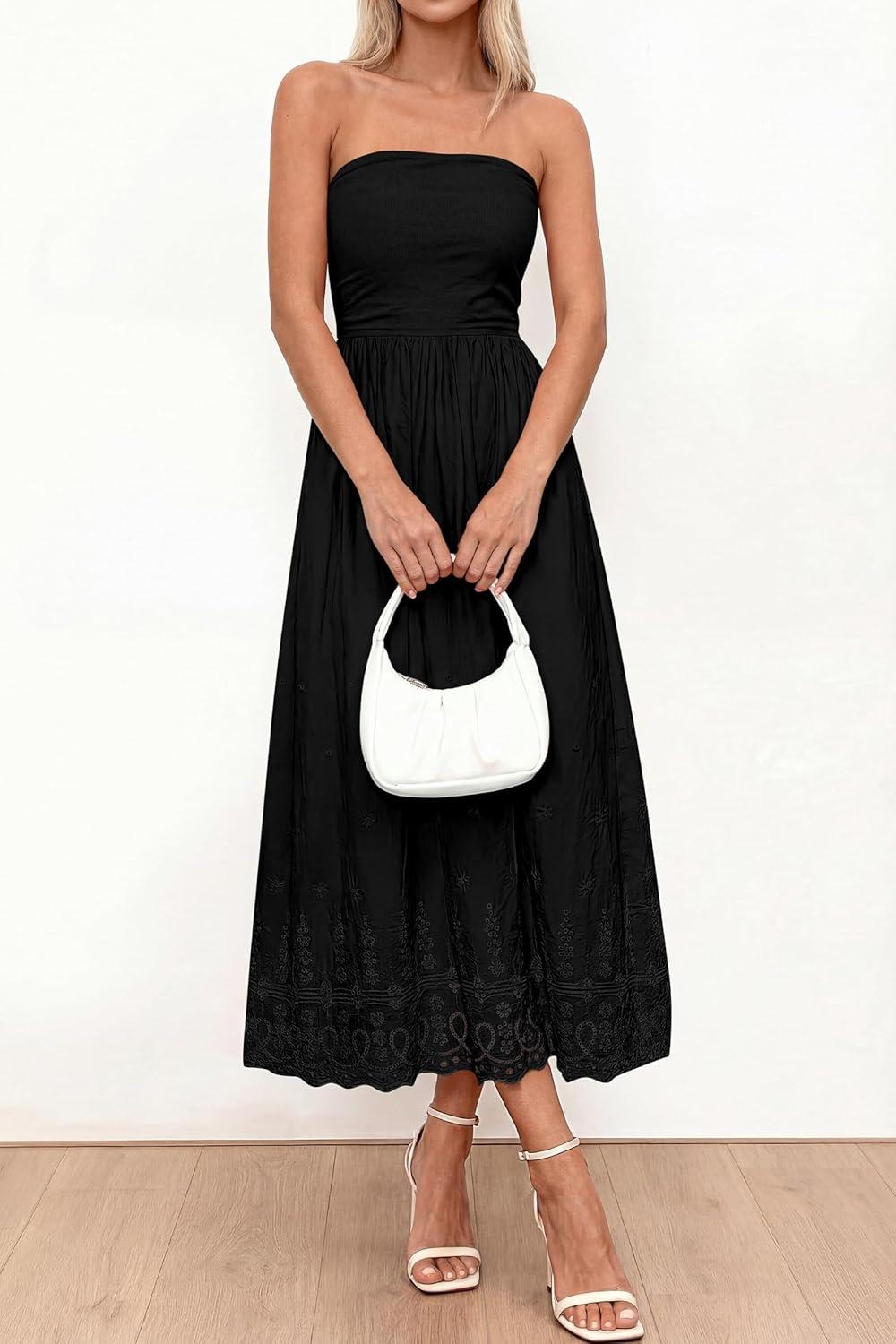 imagePRETTYGARDEN Womens Summer Dresses 2026 Sexy Sleeveless Tube Top Long Dress Eyelet Cotton Maxi Beach Sundress PocketsBlack