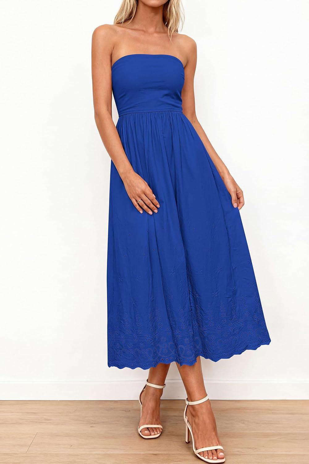 imagePRETTYGARDEN Womens Summer Dresses 2026 Sexy Sleeveless Tube Top Long Dress Eyelet Cotton Maxi Beach Sundress PocketsBlue
