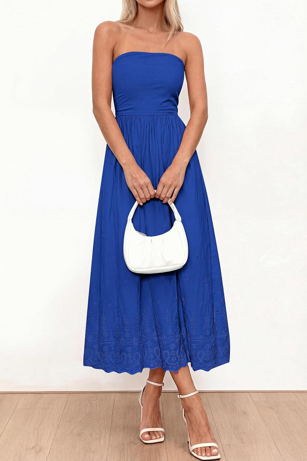 imagePRETTYGARDEN Womens Summer Dresses 2026 Sexy Sleeveless Tube Top Long Dress Eyelet Cotton Maxi Beach Sundress PocketsBlue