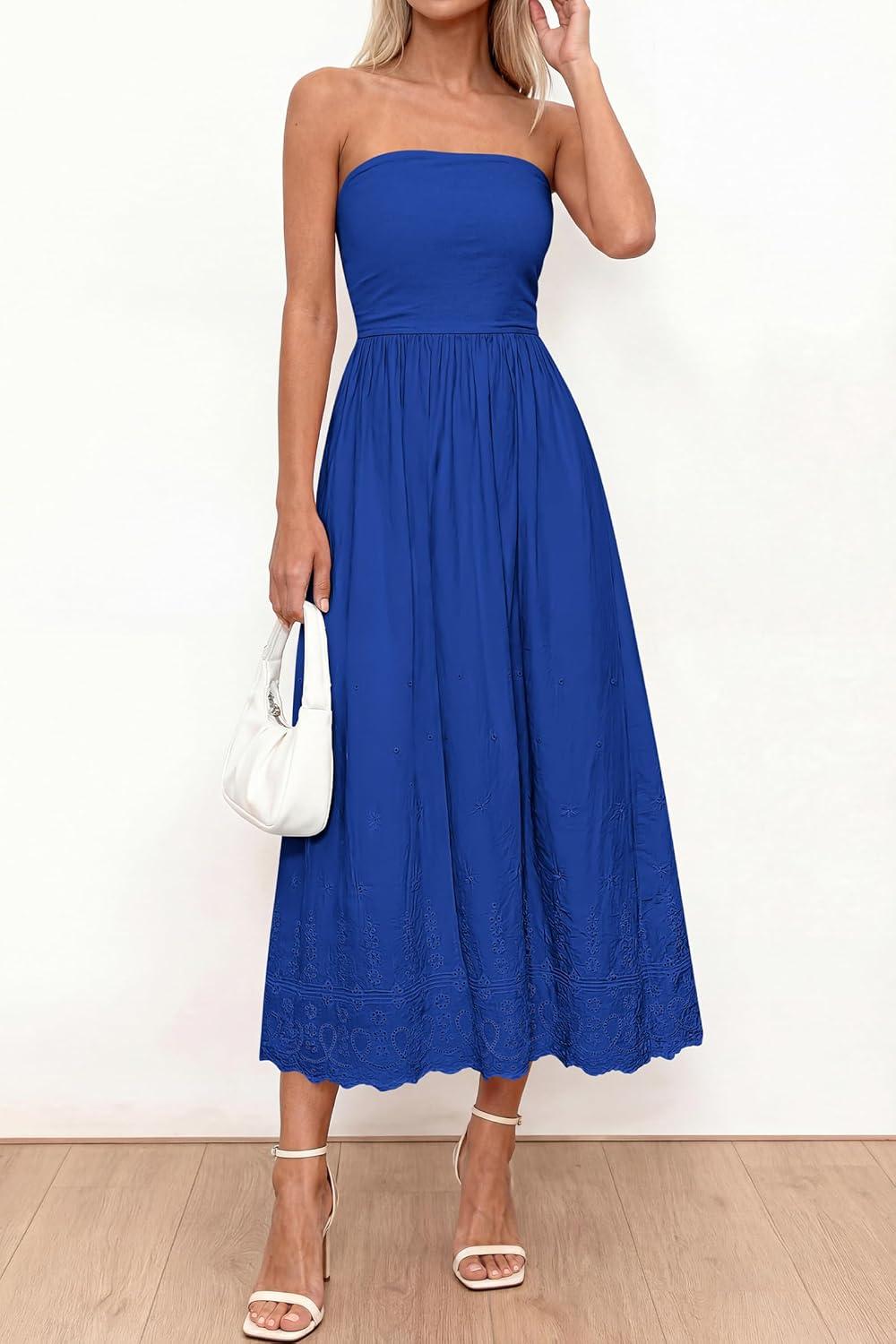 imagePRETTYGARDEN Womens Summer Dresses 2026 Sexy Sleeveless Tube Top Long Dress Eyelet Cotton Maxi Beach Sundress PocketsBlue