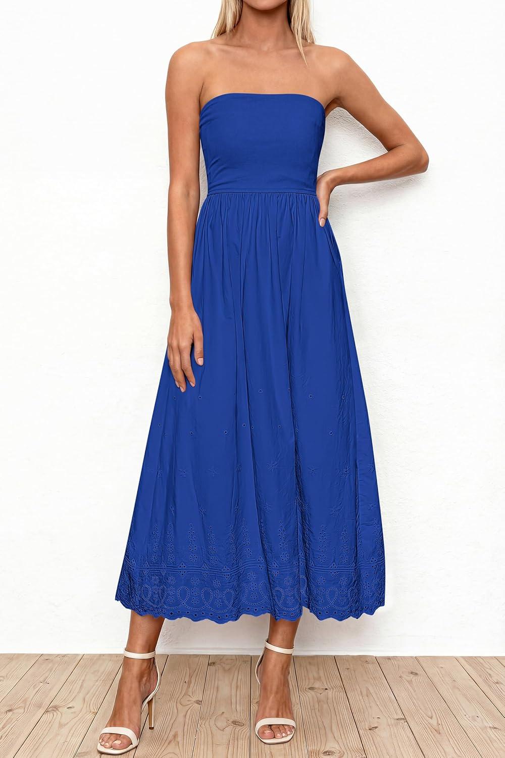 imagePRETTYGARDEN Womens Summer Dresses 2026 Sexy Sleeveless Tube Top Long Dress Eyelet Cotton Maxi Beach Sundress PocketsBlue