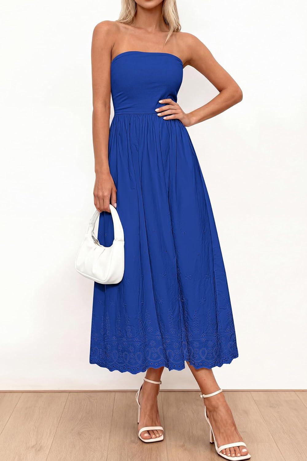 imagePRETTYGARDEN Womens Summer Dresses 2026 Sexy Sleeveless Tube Top Long Dress Eyelet Cotton Maxi Beach Sundress PocketsBlue