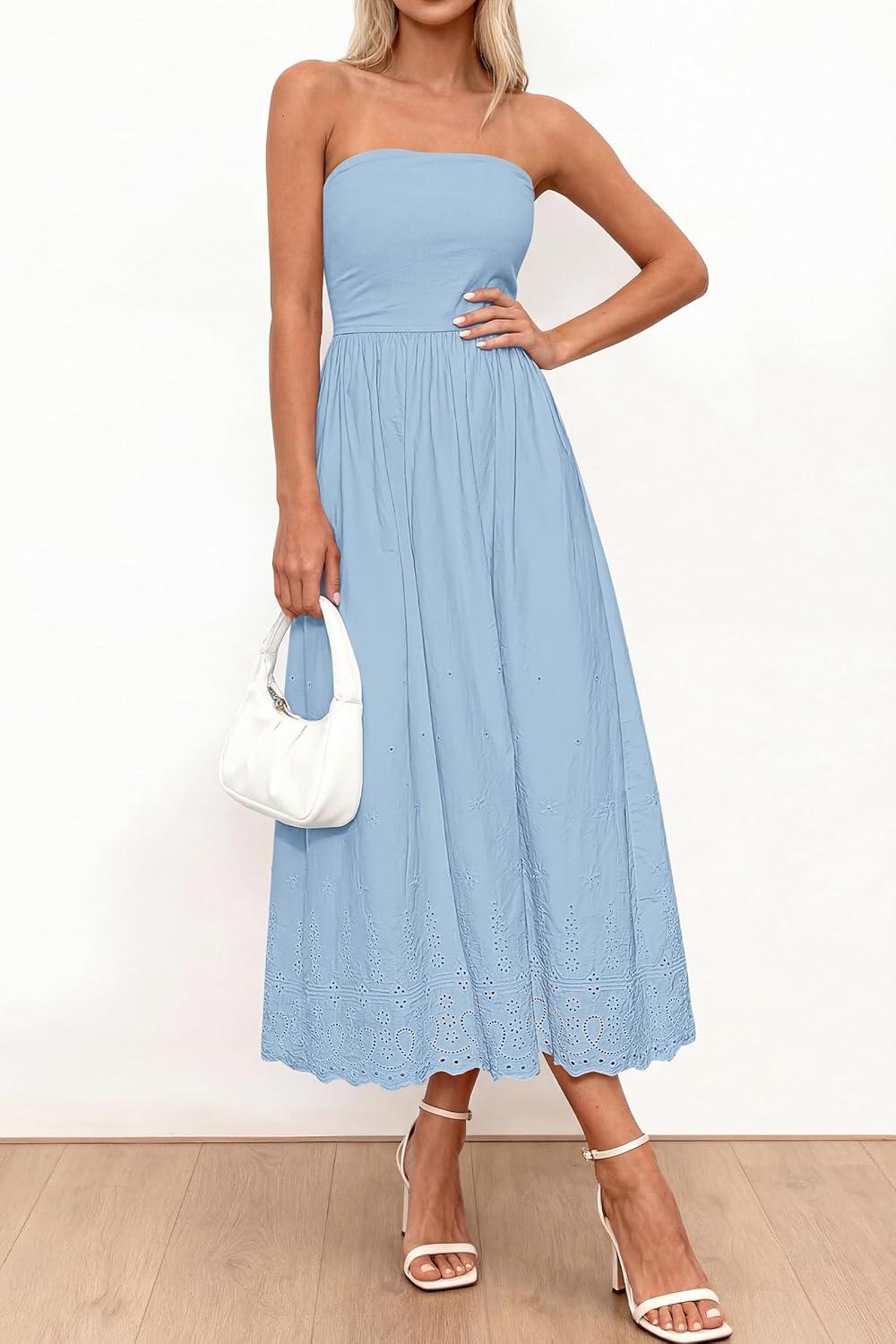 imagePRETTYGARDEN Womens Summer Dresses 2026 Sexy Sleeveless Tube Top Long Dress Eyelet Cotton Maxi Beach Sundress PocketsLight Blue