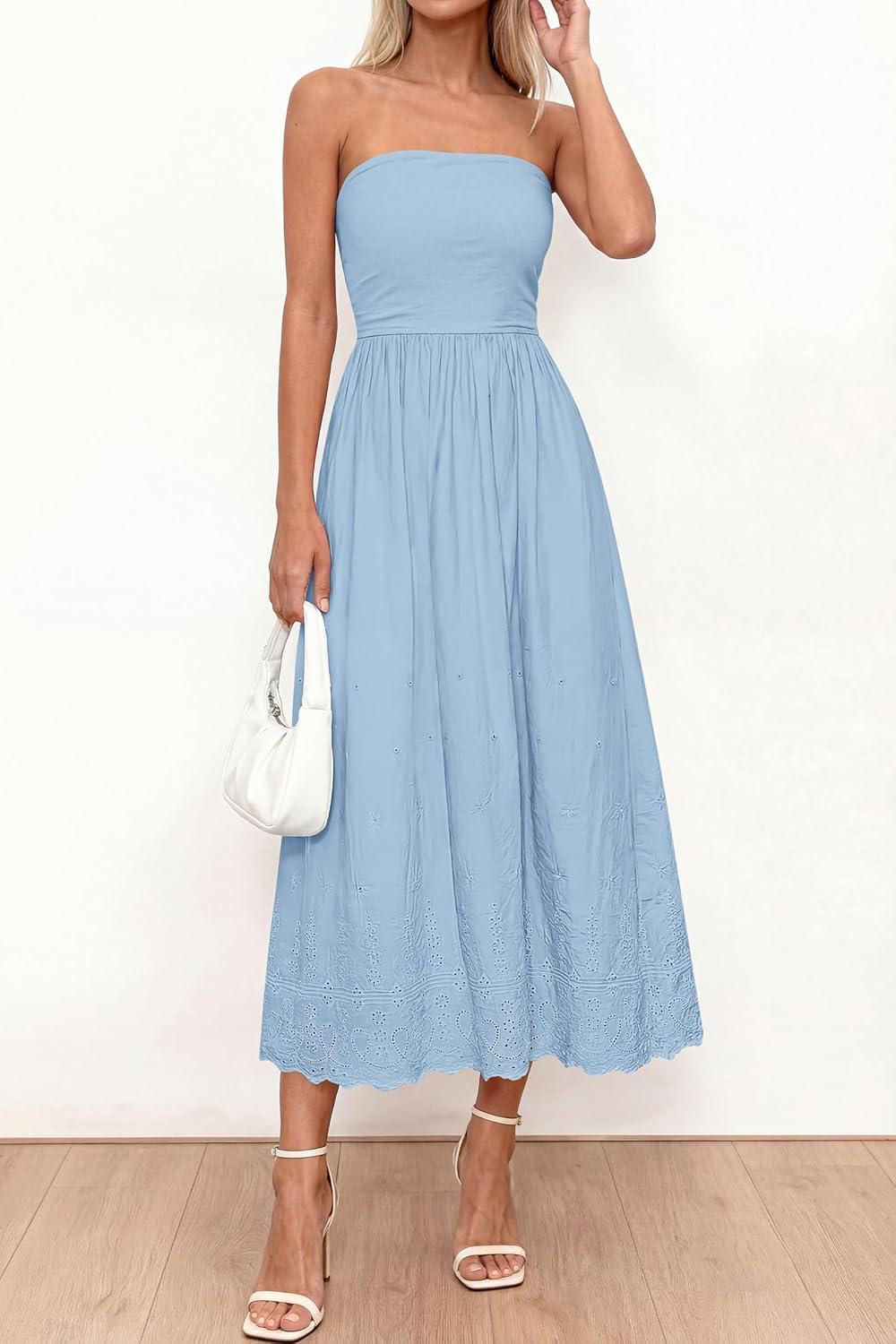 imagePRETTYGARDEN Womens Summer Dresses 2026 Sexy Sleeveless Tube Top Long Dress Eyelet Cotton Maxi Beach Sundress PocketsLight Blue