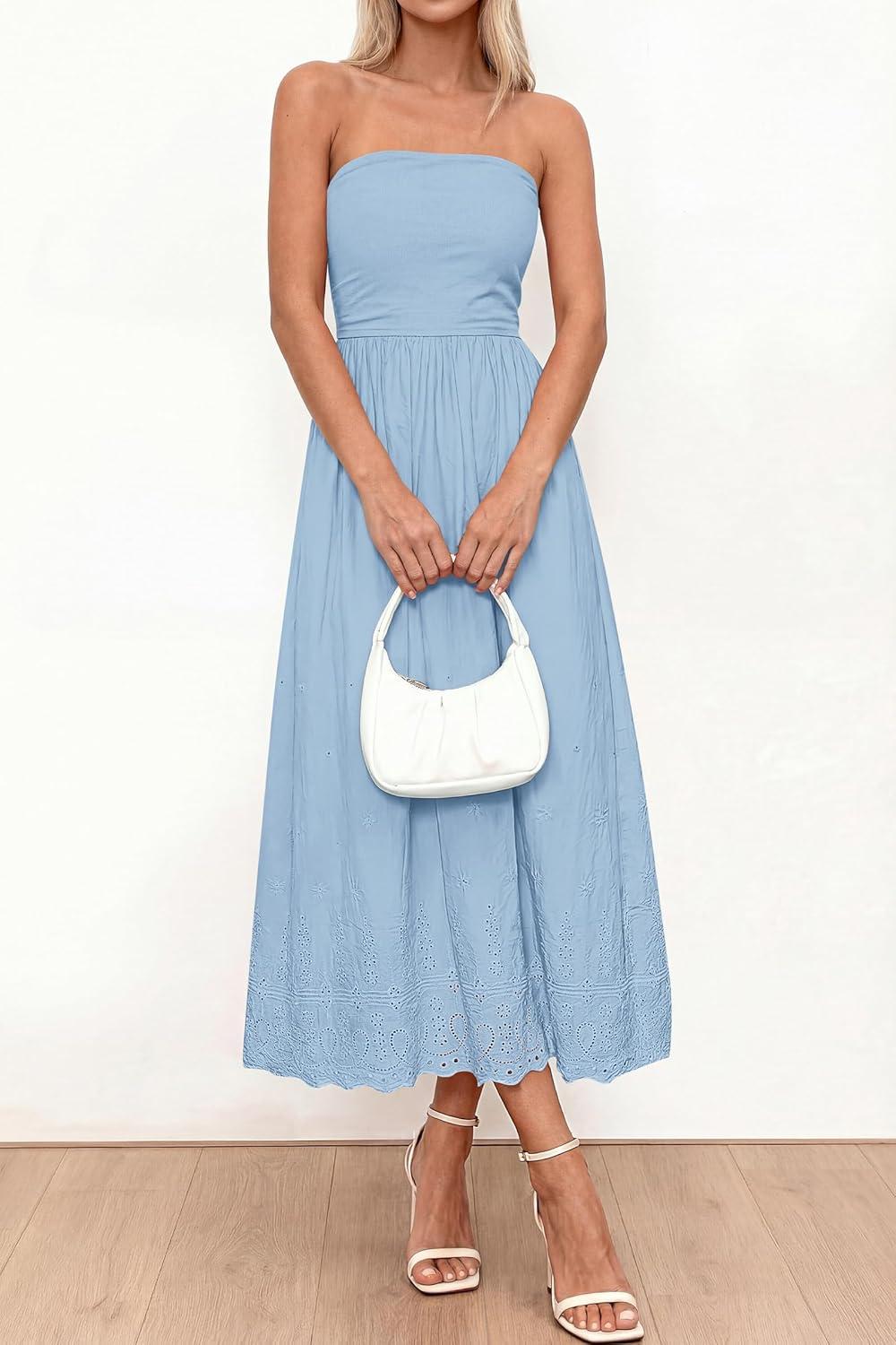 imagePRETTYGARDEN Womens Summer Dresses 2026 Sexy Sleeveless Tube Top Long Dress Eyelet Cotton Maxi Beach Sundress PocketsLight Blue