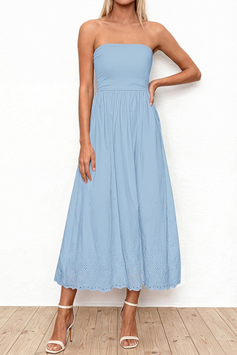 imagePRETTYGARDEN Womens Summer Dresses 2026 Sexy Sleeveless Tube Top Long Dress Eyelet Cotton Maxi Beach Sundress PocketsLight Blue