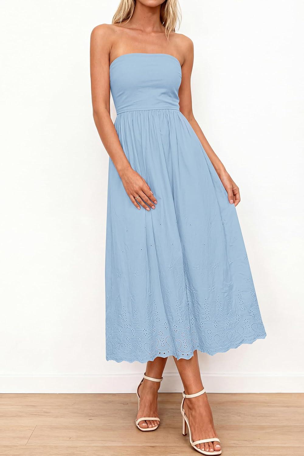 imagePRETTYGARDEN Womens Summer Dresses 2026 Sexy Sleeveless Tube Top Long Dress Eyelet Cotton Maxi Beach Sundress PocketsLight Blue