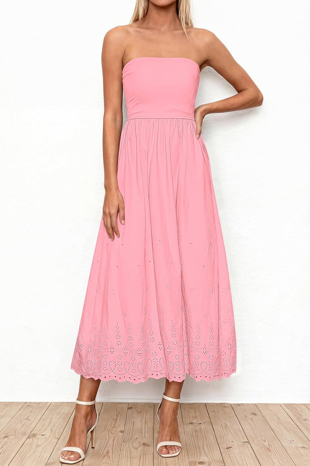 imagePRETTYGARDEN Womens Summer Dresses 2026 Sexy Sleeveless Tube Top Long Dress Eyelet Cotton Maxi Beach Sundress PocketsPink