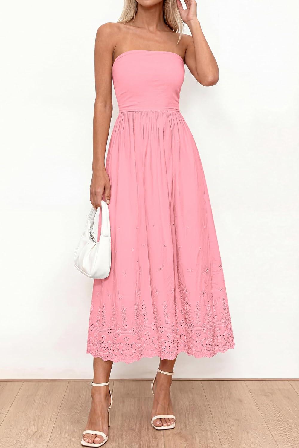 imagePRETTYGARDEN Womens Summer Dresses 2026 Sexy Sleeveless Tube Top Long Dress Eyelet Cotton Maxi Beach Sundress PocketsPink