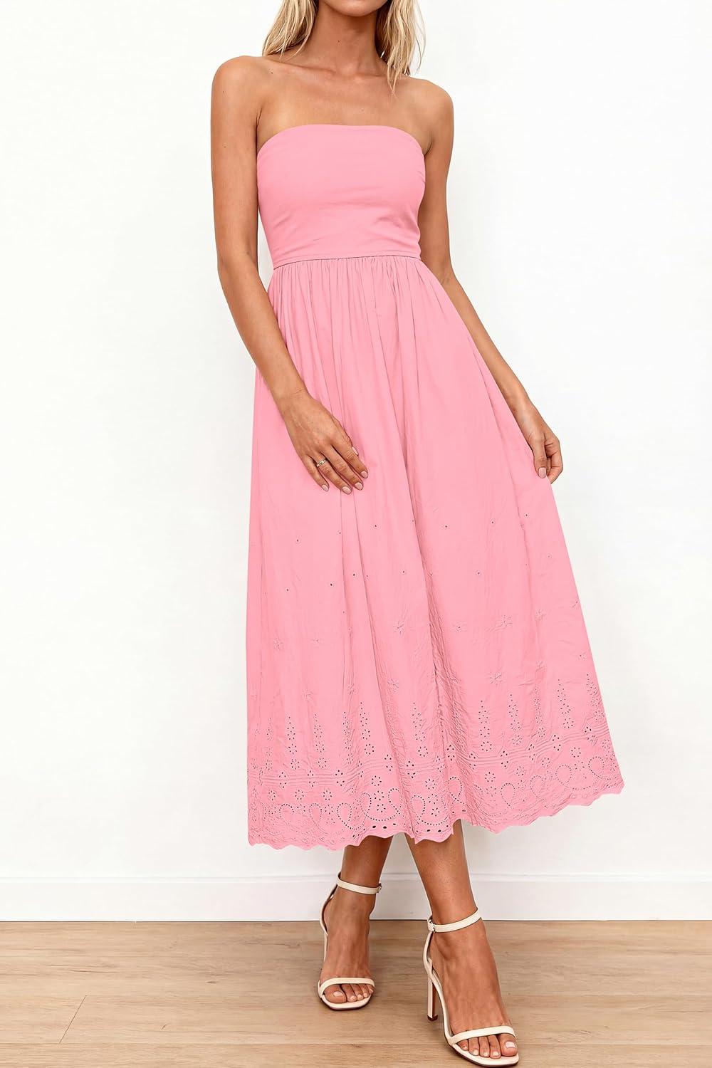 imagePRETTYGARDEN Womens Summer Dresses 2026 Sexy Sleeveless Tube Top Long Dress Eyelet Cotton Maxi Beach Sundress PocketsPink