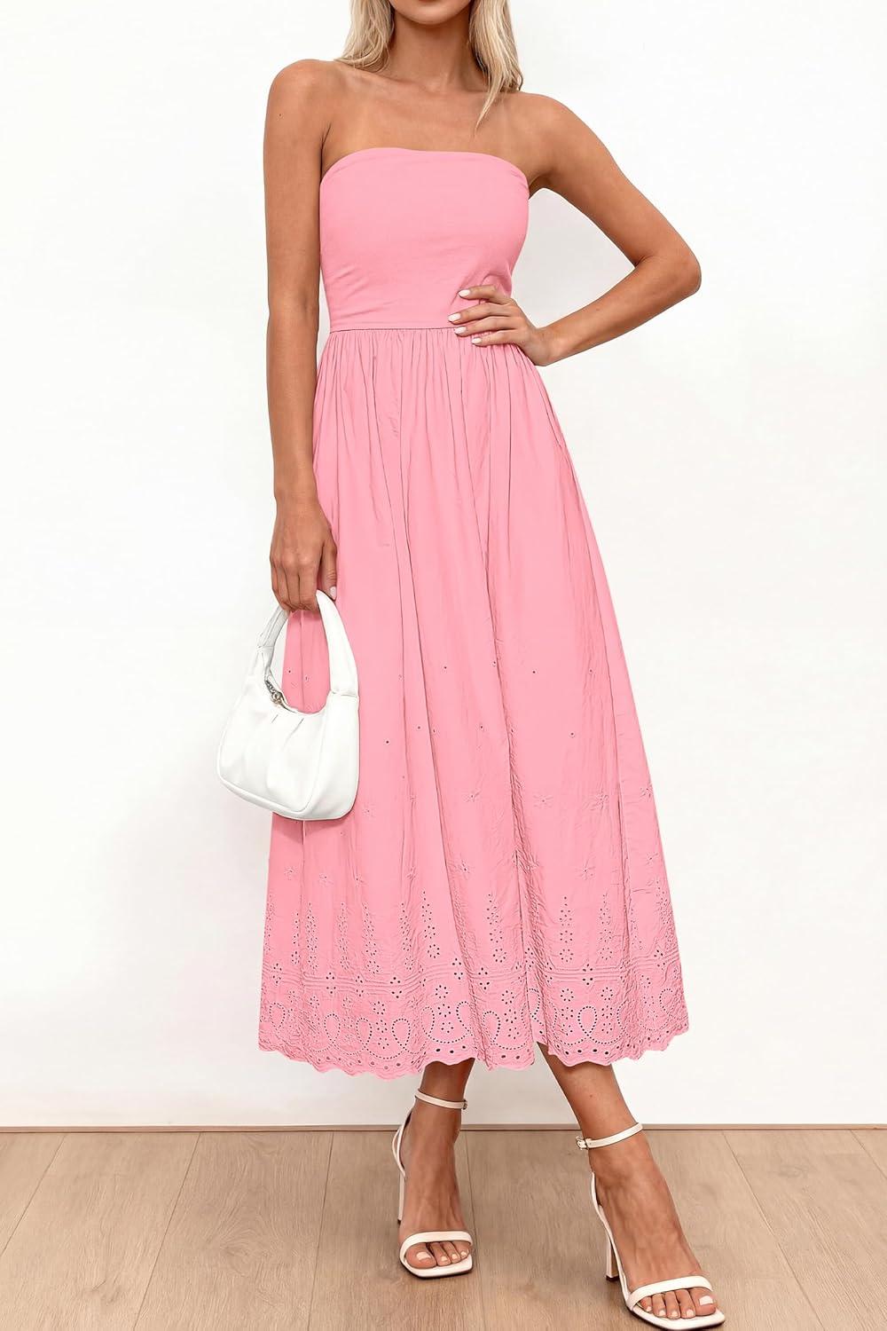 imagePRETTYGARDEN Womens Summer Dresses 2026 Sexy Sleeveless Tube Top Long Dress Eyelet Cotton Maxi Beach Sundress PocketsPink