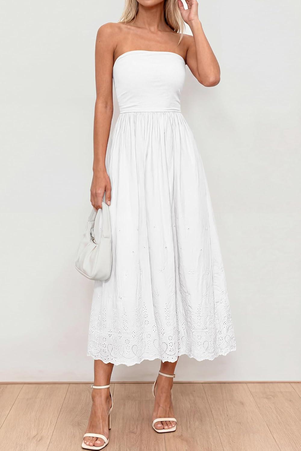 imagePRETTYGARDEN Womens Summer Dresses 2026 Sexy Sleeveless Tube Top Long Dress Eyelet Cotton Maxi Beach Sundress PocketsWhite