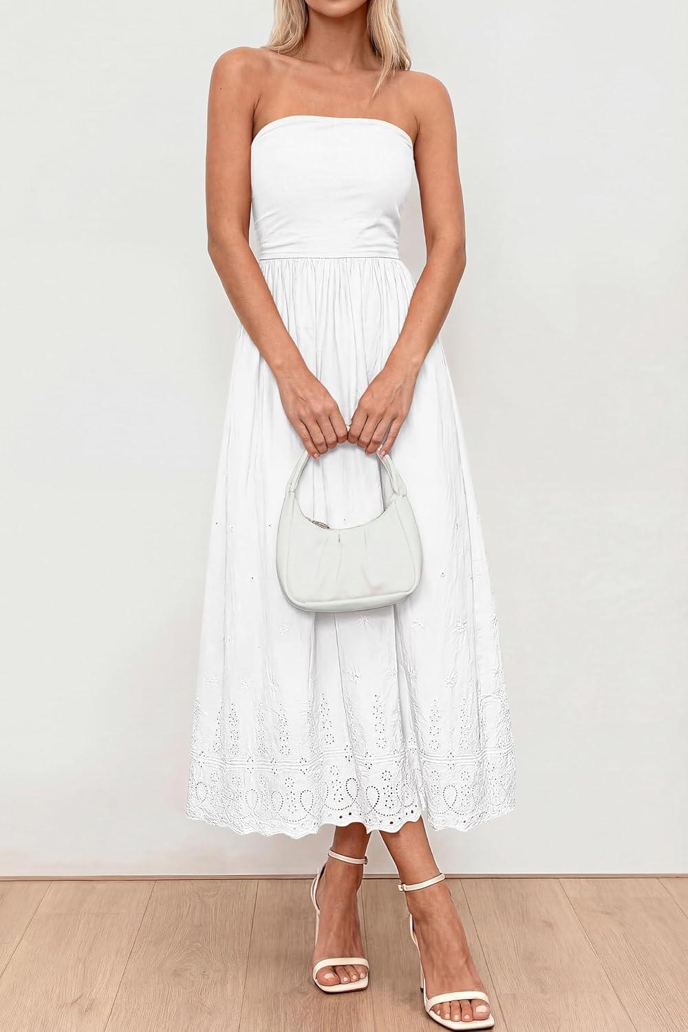 imagePRETTYGARDEN Womens Summer Dresses 2026 Sexy Sleeveless Tube Top Long Dress Eyelet Cotton Maxi Beach Sundress PocketsWhite