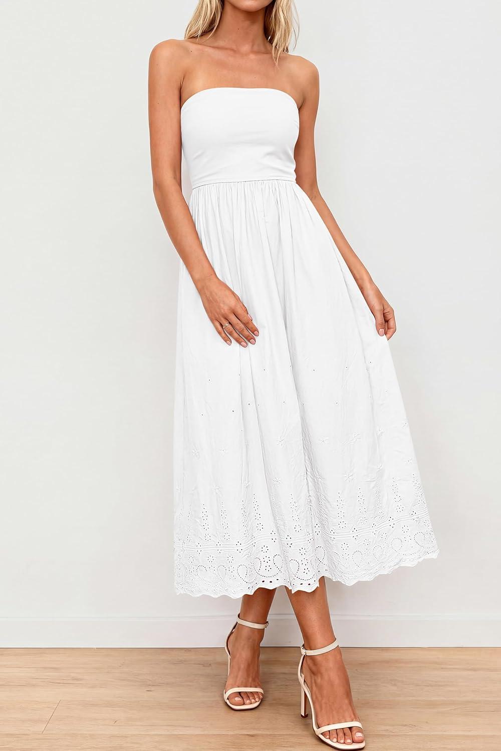 imagePRETTYGARDEN Womens Summer Dresses 2026 Sexy Sleeveless Tube Top Long Dress Eyelet Cotton Maxi Beach Sundress PocketsWhite