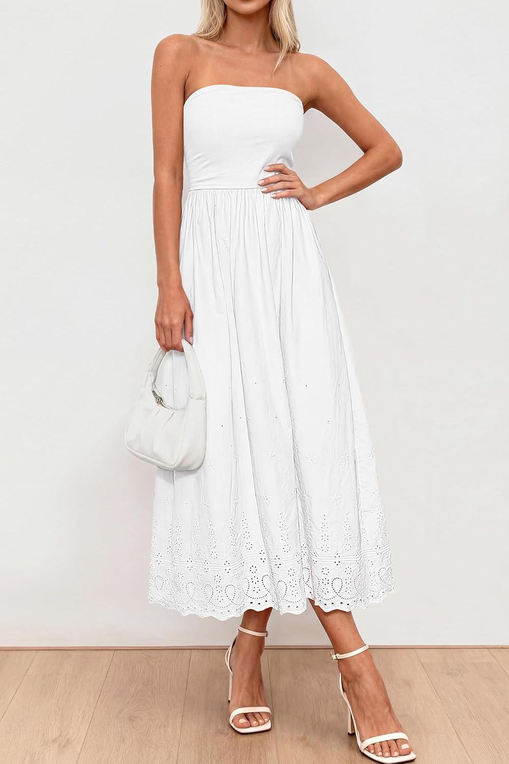 imagePRETTYGARDEN Womens Summer Dresses 2026 Sexy Sleeveless Tube Top Long Dress Eyelet Cotton Maxi Beach Sundress PocketsWhite