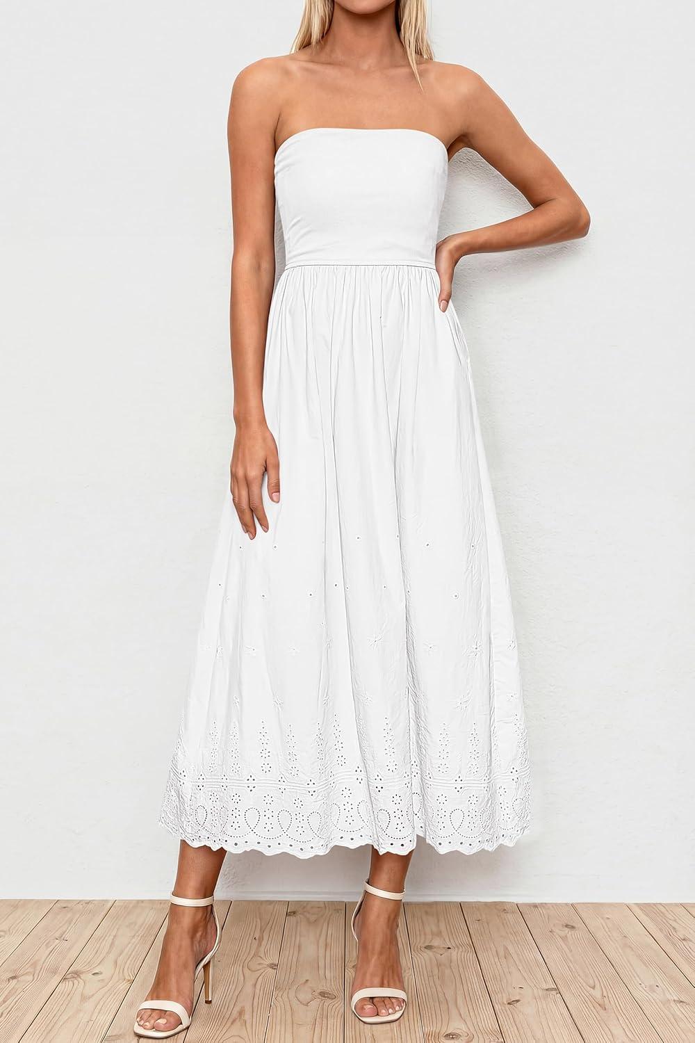 imagePRETTYGARDEN Womens Summer Dresses 2026 Sexy Sleeveless Tube Top Long Dress Eyelet Cotton Maxi Beach Sundress PocketsWhite
