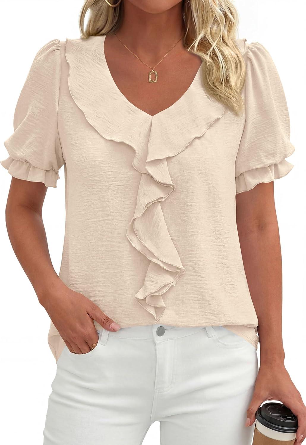 imagePRETTYGARDEN Womens Summer Dressy Casual Blouses 2026 Short Sleeve V Neck Ruffle Business Work Tops Trendy Spring OutfitsBeige