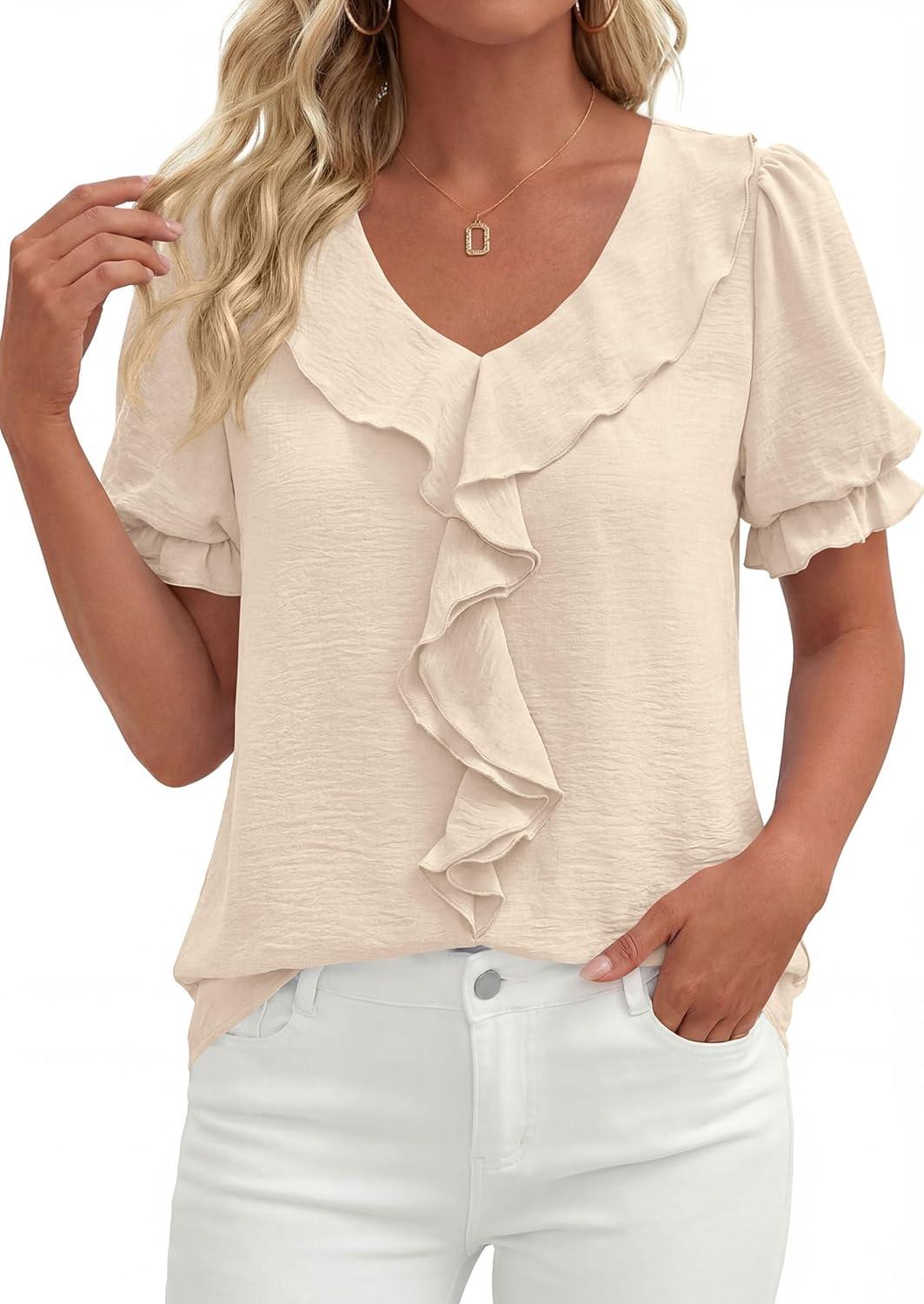 imagePRETTYGARDEN Womens Summer Dressy Casual Blouses 2026 Short Sleeve V Neck Ruffle Business Work Tops Trendy Spring OutfitsBeige