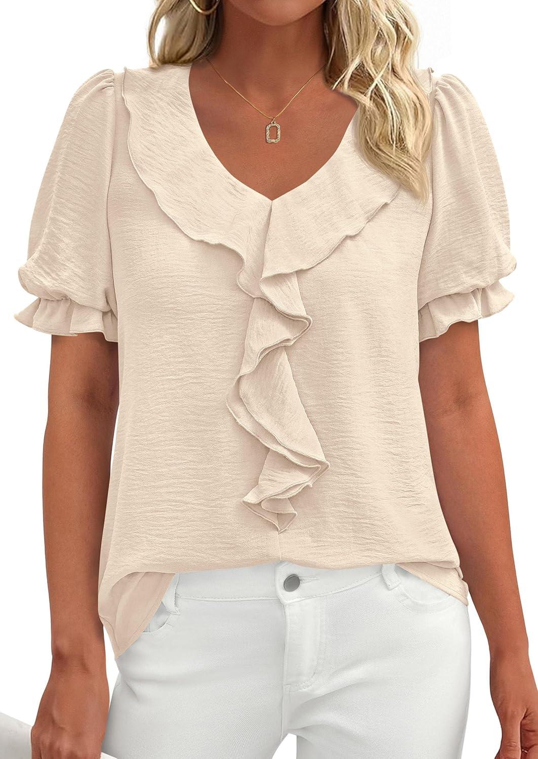 imagePRETTYGARDEN Womens Summer Dressy Casual Blouses 2026 Short Sleeve V Neck Ruffle Business Work Tops Trendy Spring OutfitsBeige