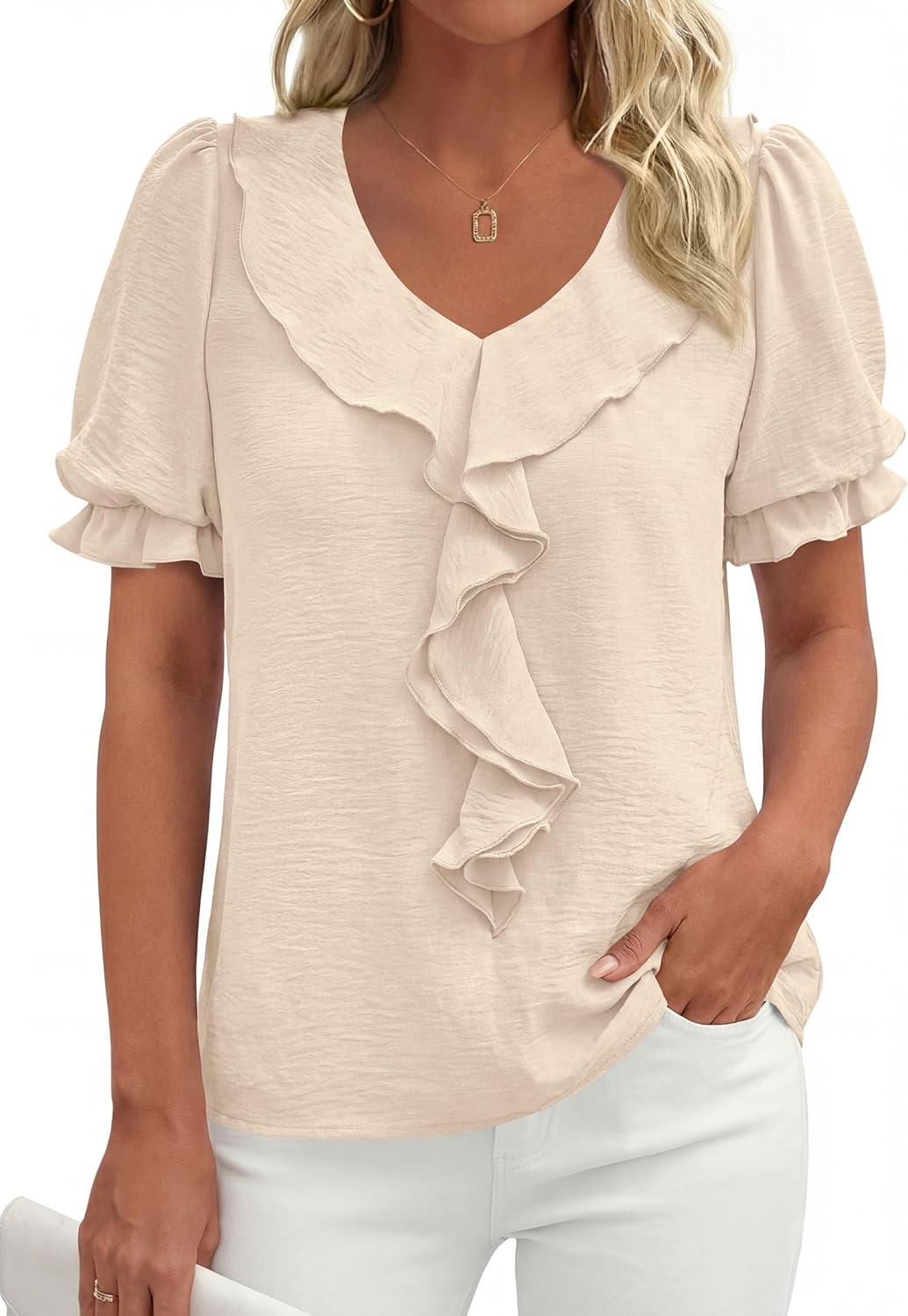 imagePRETTYGARDEN Womens Summer Dressy Casual Blouses 2026 Short Sleeve V Neck Ruffle Business Work Tops Trendy Spring OutfitsBeige