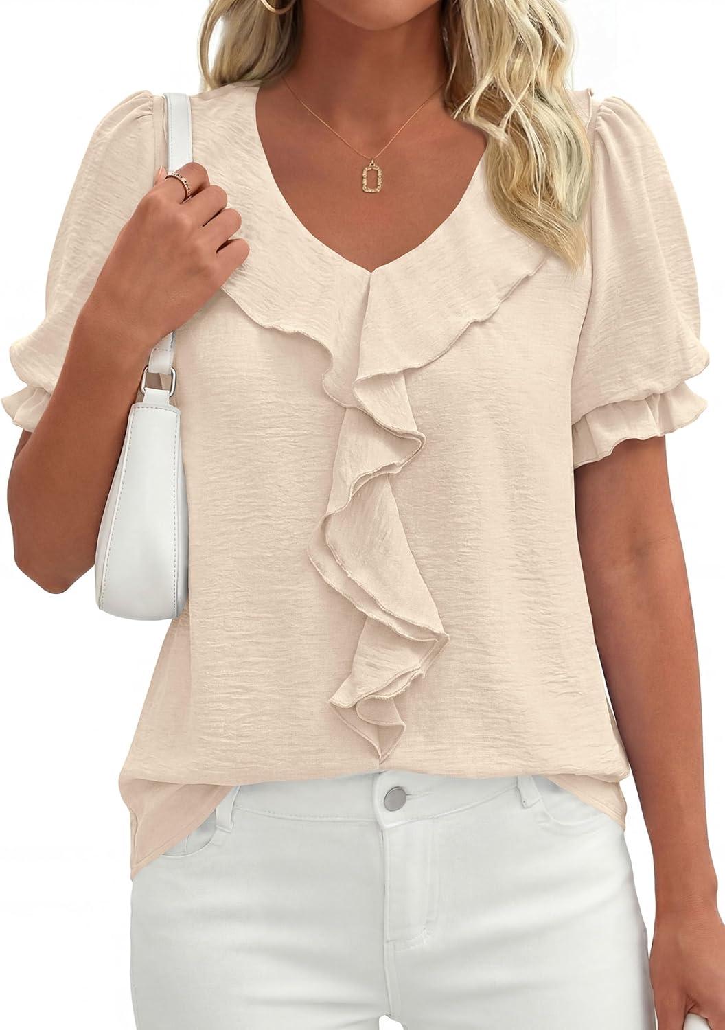 imagePRETTYGARDEN Womens Summer Dressy Casual Blouses 2026 Short Sleeve V Neck Ruffle Business Work Tops Trendy Spring OutfitsBeige