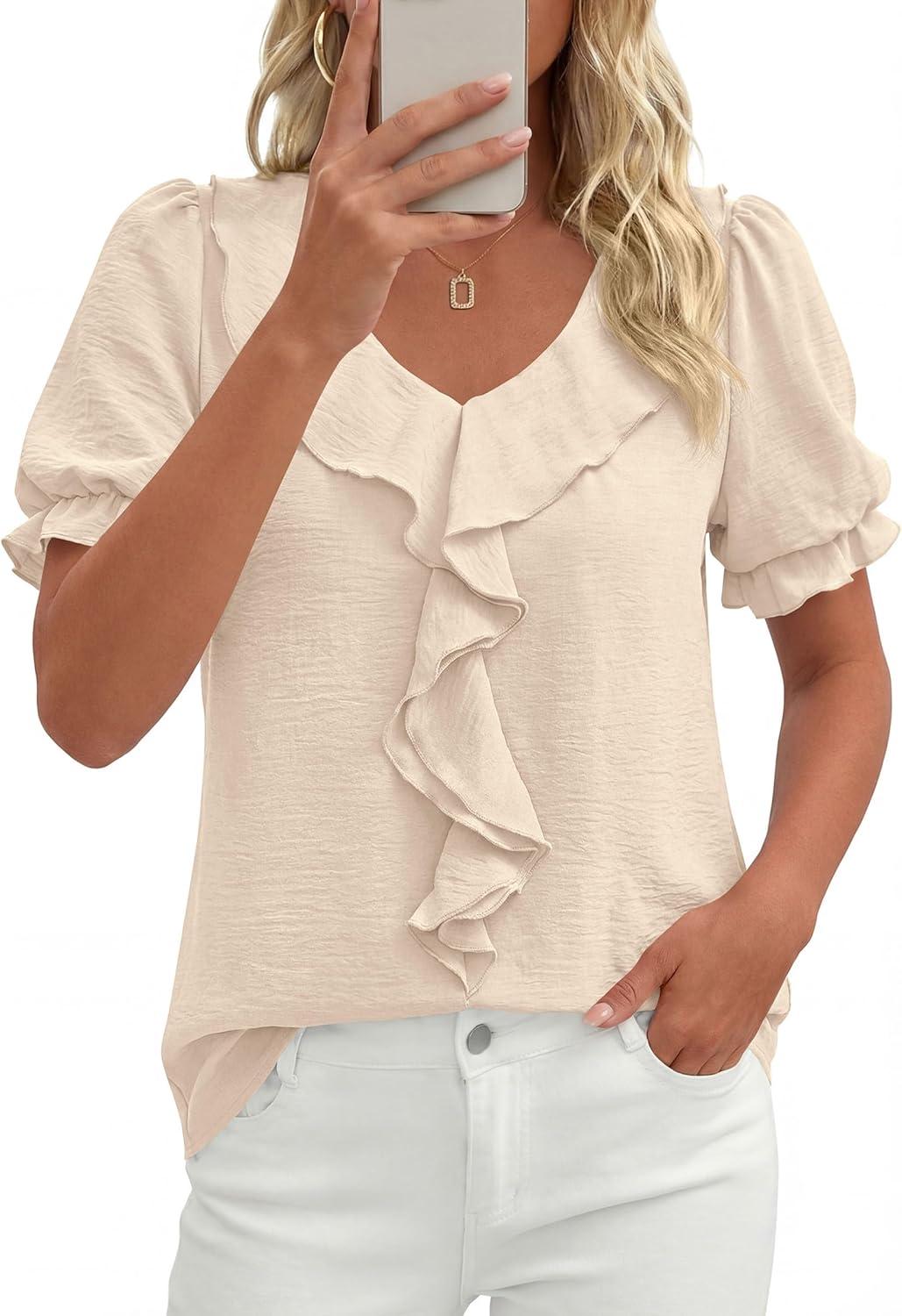 imagePRETTYGARDEN Womens Summer Dressy Casual Blouses 2026 Short Sleeve V Neck Ruffle Business Work Tops Trendy Spring OutfitsBeige