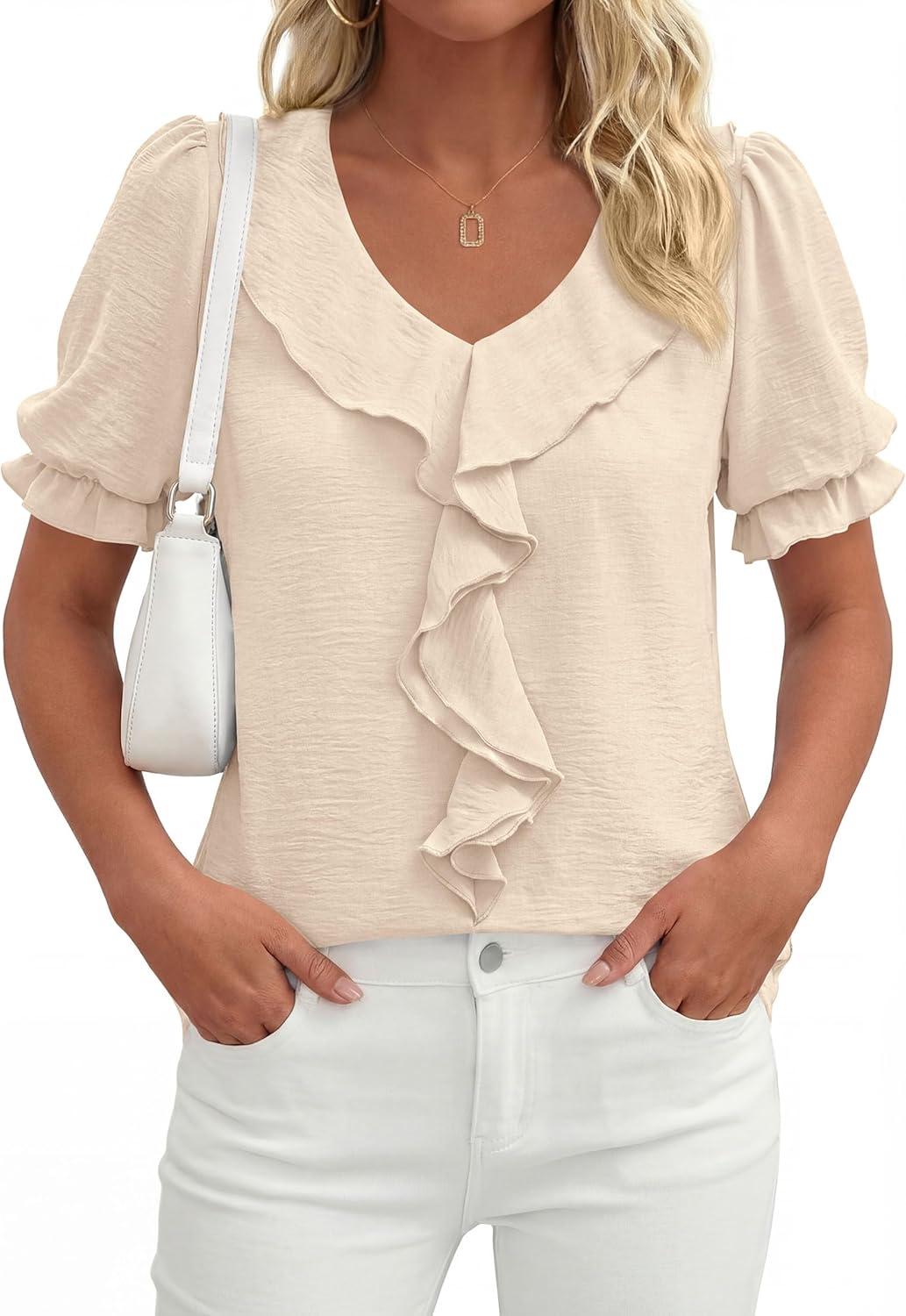 imagePRETTYGARDEN Womens Summer Dressy Casual Blouses 2026 Short Sleeve V Neck Ruffle Business Work Tops Trendy Spring OutfitsBeige