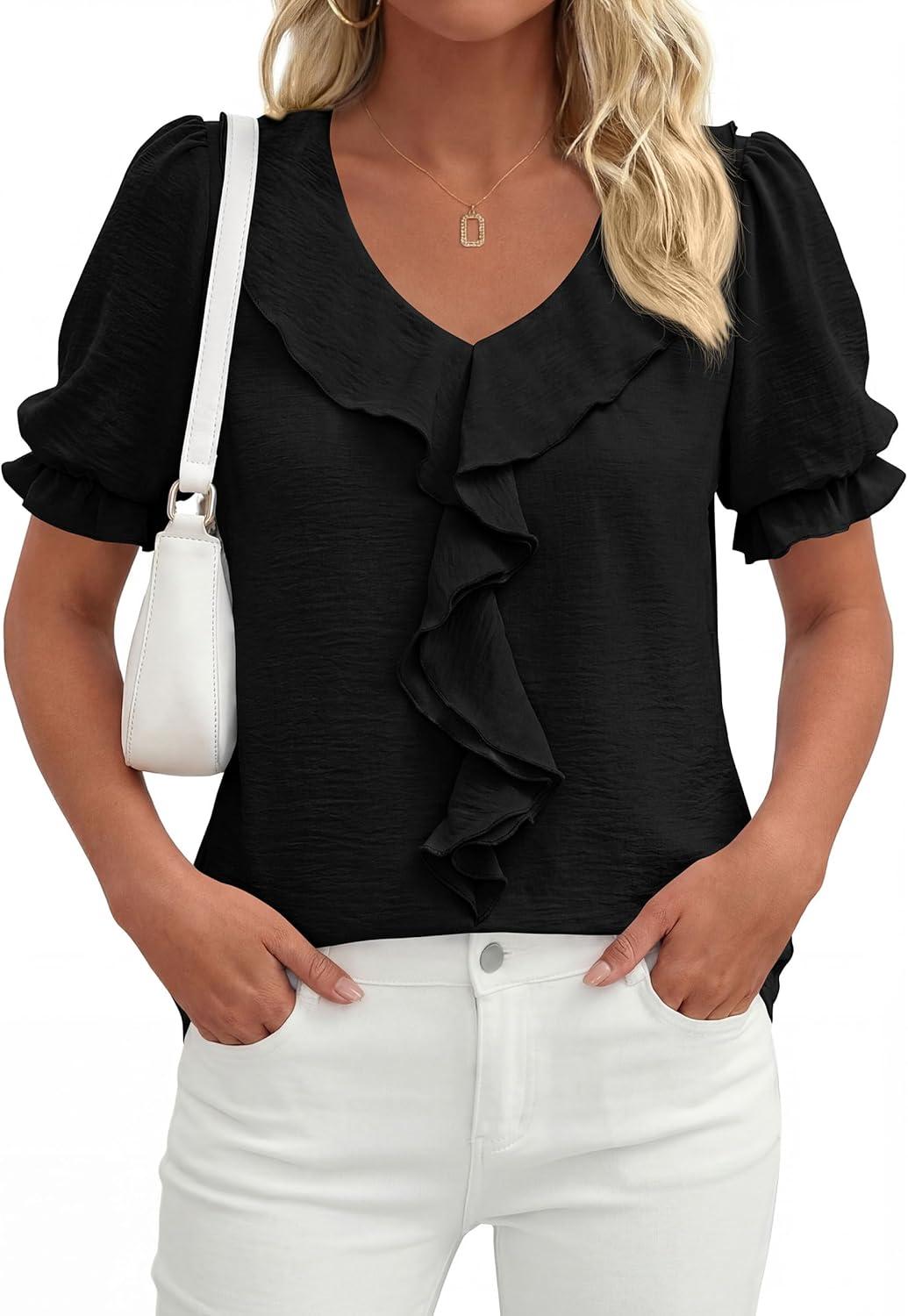 imagePRETTYGARDEN Womens Summer Dressy Casual Blouses 2026 Short Sleeve V Neck Ruffle Business Work Tops Trendy Spring OutfitsBlack