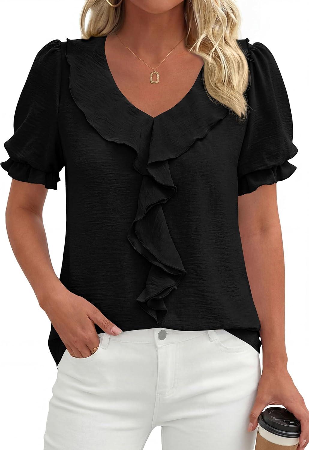 imagePRETTYGARDEN Womens Summer Dressy Casual Blouses 2026 Short Sleeve V Neck Ruffle Business Work Tops Trendy Spring OutfitsBlack