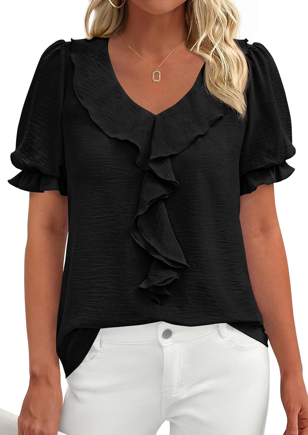 imagePRETTYGARDEN Womens Summer Dressy Casual Blouses 2026 Short Sleeve V Neck Ruffle Business Work Tops Trendy Spring OutfitsBlack