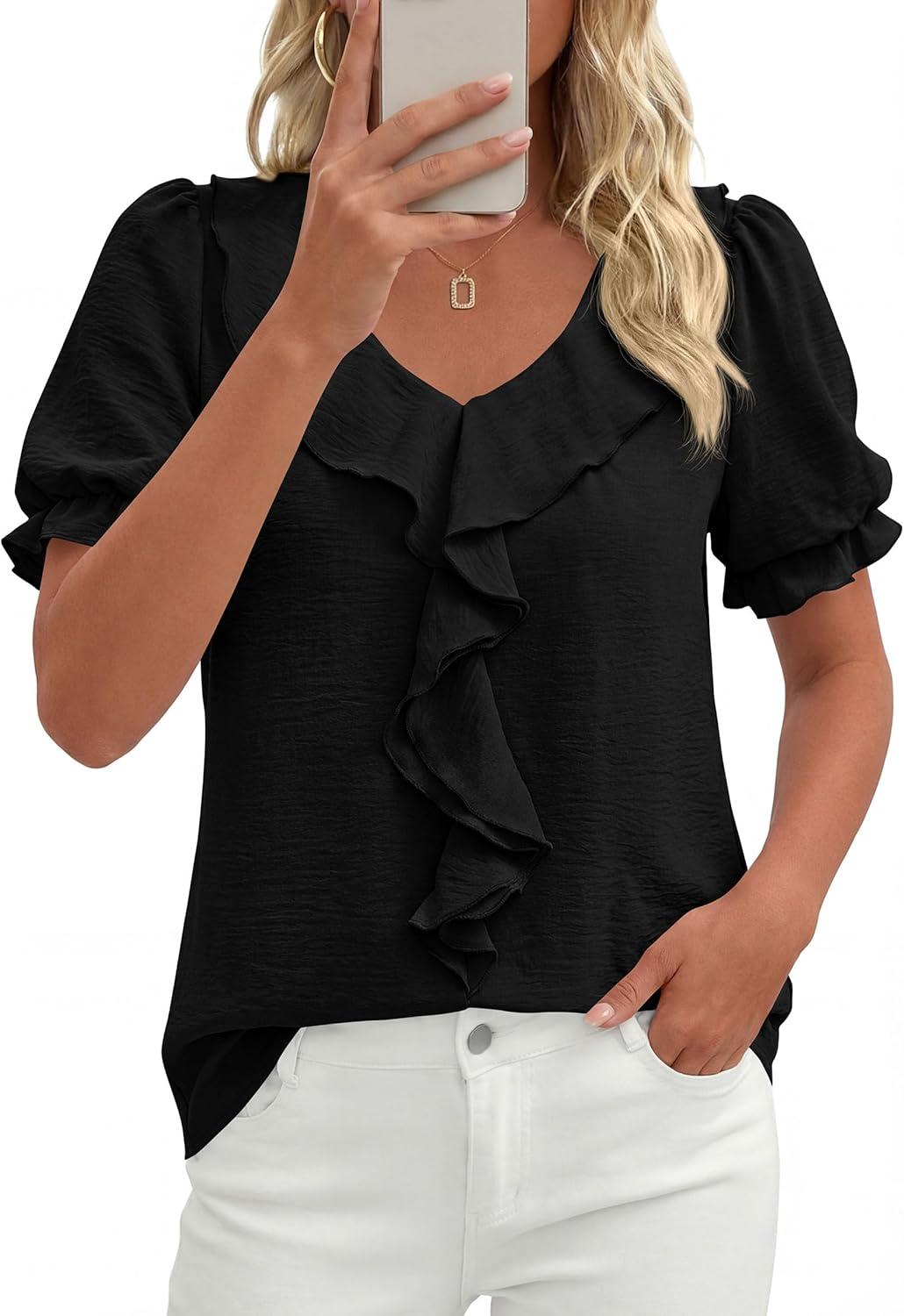 imagePRETTYGARDEN Womens Summer Dressy Casual Blouses 2026 Short Sleeve V Neck Ruffle Business Work Tops Trendy Spring OutfitsBlack