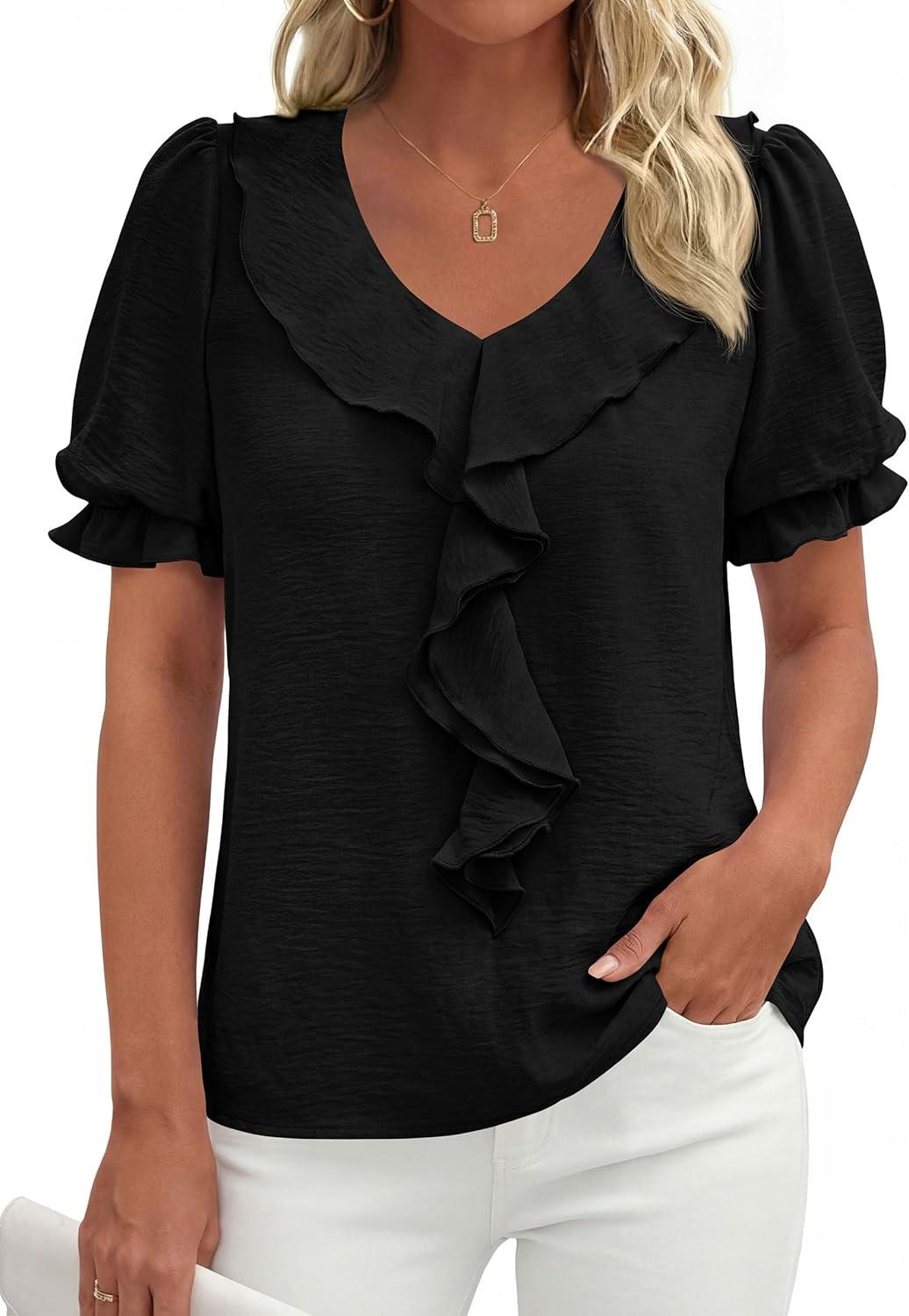 imagePRETTYGARDEN Womens Summer Dressy Casual Blouses 2026 Short Sleeve V Neck Ruffle Business Work Tops Trendy Spring OutfitsBlack