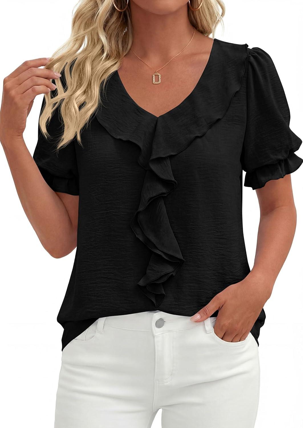 imagePRETTYGARDEN Womens Summer Dressy Casual Blouses 2026 Short Sleeve V Neck Ruffle Business Work Tops Trendy Spring OutfitsBlack