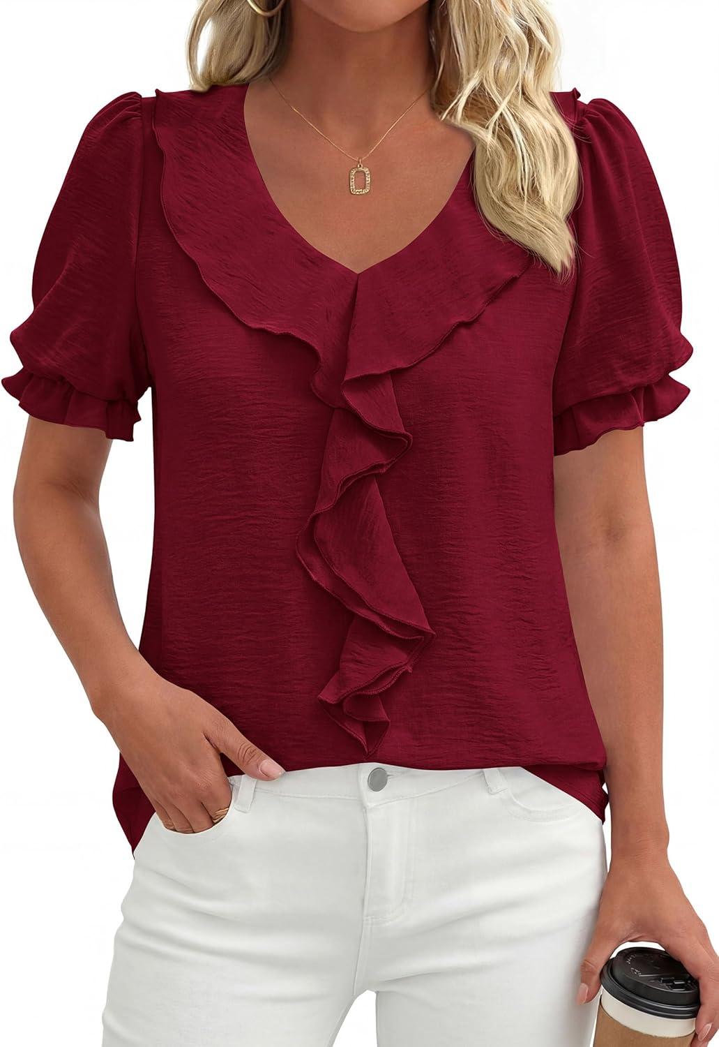 imagePRETTYGARDEN Womens Summer Dressy Casual Blouses 2026 Short Sleeve V Neck Ruffle Business Work Tops Trendy Spring OutfitsBurgundy