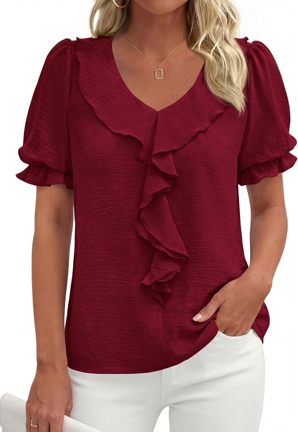 imagePRETTYGARDEN Womens Summer Dressy Casual Blouses 2026 Short Sleeve V Neck Ruffle Business Work Tops Trendy Spring OutfitsBurgundy