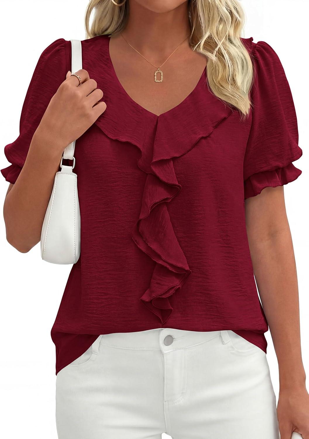 imagePRETTYGARDEN Womens Summer Dressy Casual Blouses 2026 Short Sleeve V Neck Ruffle Business Work Tops Trendy Spring OutfitsBurgundy