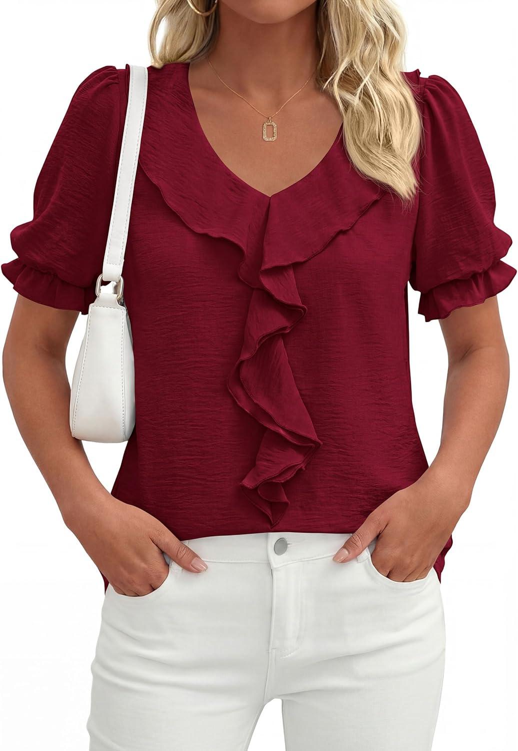 imagePRETTYGARDEN Womens Summer Dressy Casual Blouses 2026 Short Sleeve V Neck Ruffle Business Work Tops Trendy Spring OutfitsBurgundy