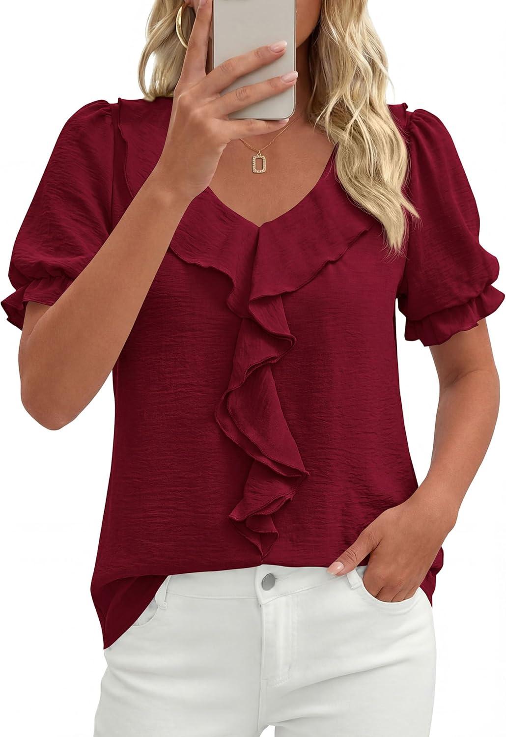 imagePRETTYGARDEN Womens Summer Dressy Casual Blouses 2026 Short Sleeve V Neck Ruffle Business Work Tops Trendy Spring OutfitsBurgundy