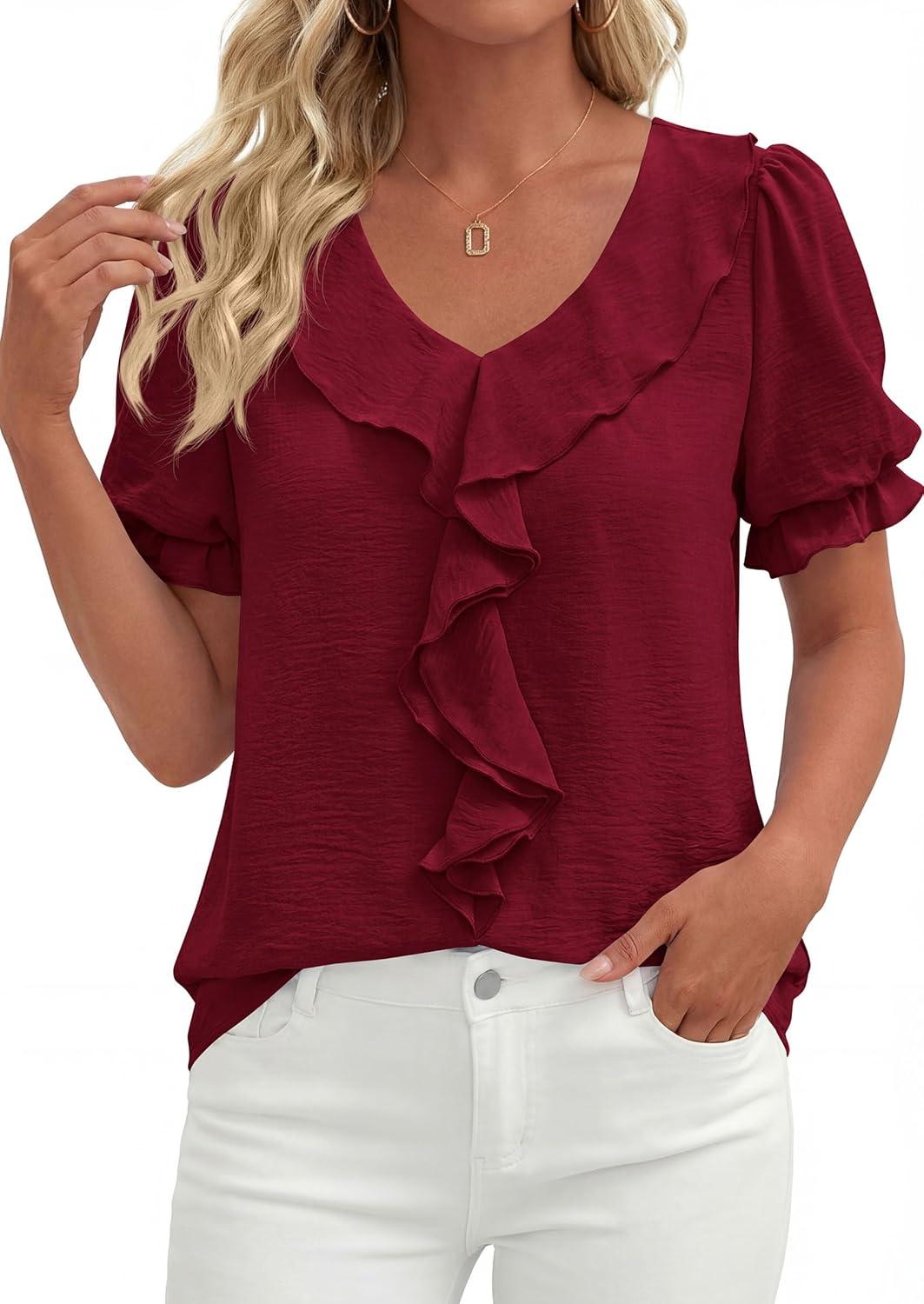 imagePRETTYGARDEN Womens Summer Dressy Casual Blouses 2026 Short Sleeve V Neck Ruffle Business Work Tops Trendy Spring OutfitsBurgundy