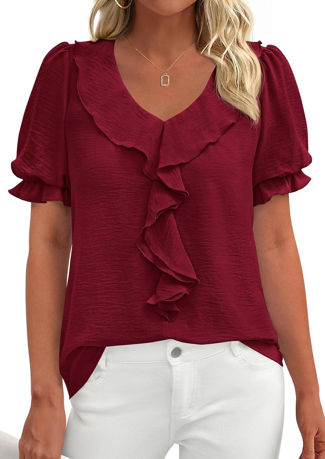 imagePRETTYGARDEN Womens Summer Dressy Casual Blouses 2026 Short Sleeve V Neck Ruffle Business Work Tops Trendy Spring OutfitsBurgundy