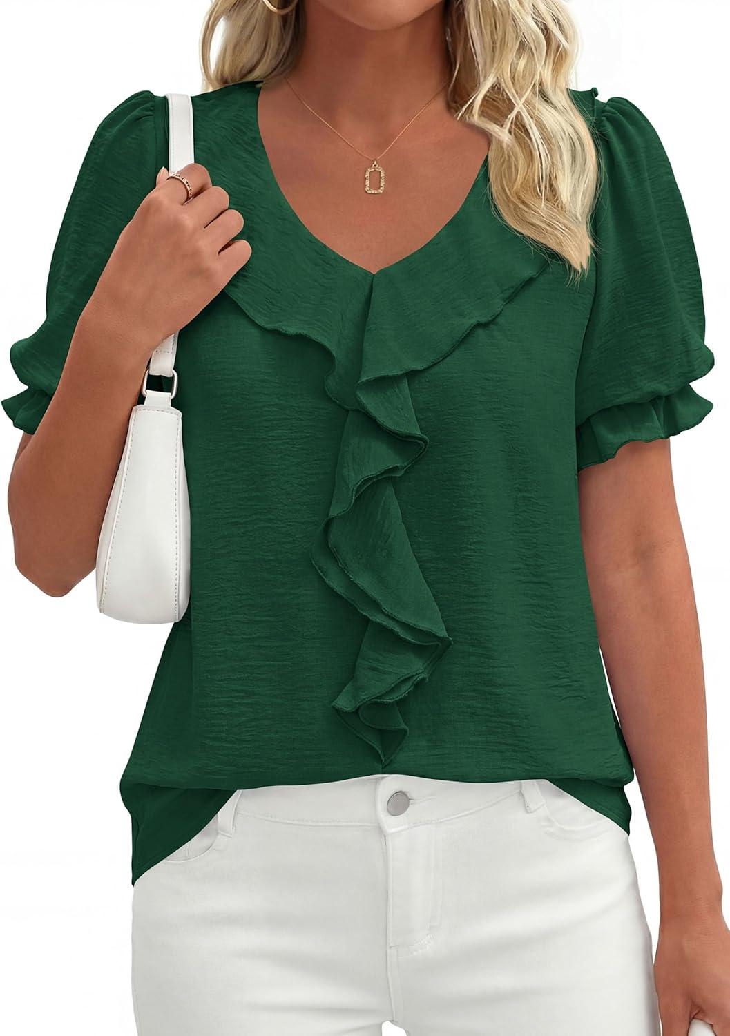 imagePRETTYGARDEN Womens Summer Dressy Casual Blouses 2026 Short Sleeve V Neck Ruffle Business Work Tops Trendy Spring OutfitsDark Green