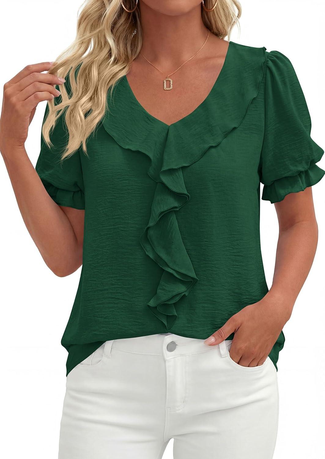 imagePRETTYGARDEN Womens Summer Dressy Casual Blouses 2026 Short Sleeve V Neck Ruffle Business Work Tops Trendy Spring OutfitsDark Green