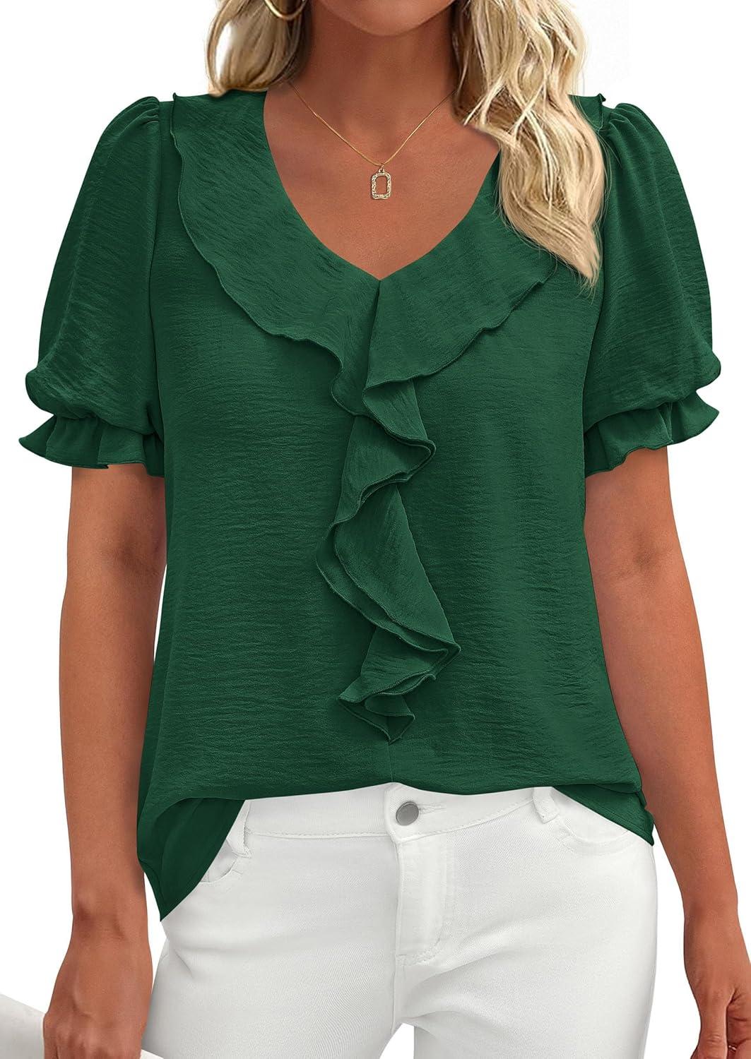 imagePRETTYGARDEN Womens Summer Dressy Casual Blouses 2026 Short Sleeve V Neck Ruffle Business Work Tops Trendy Spring OutfitsDark Green